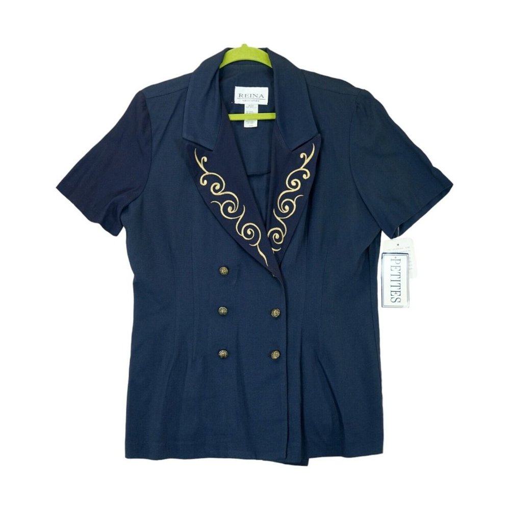 NWT Vtg Reina‎ New York Blue Elegant Blouse With Gold Button Embroidery Sz 14P
